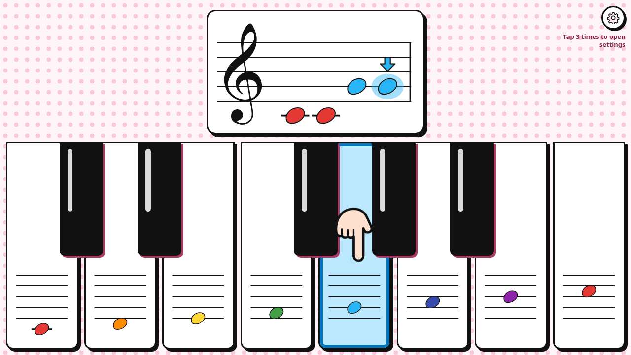 Hear-a-Note for Toddlers: a note on the treble clef staff above the piano keys, with the key to play lit up in color